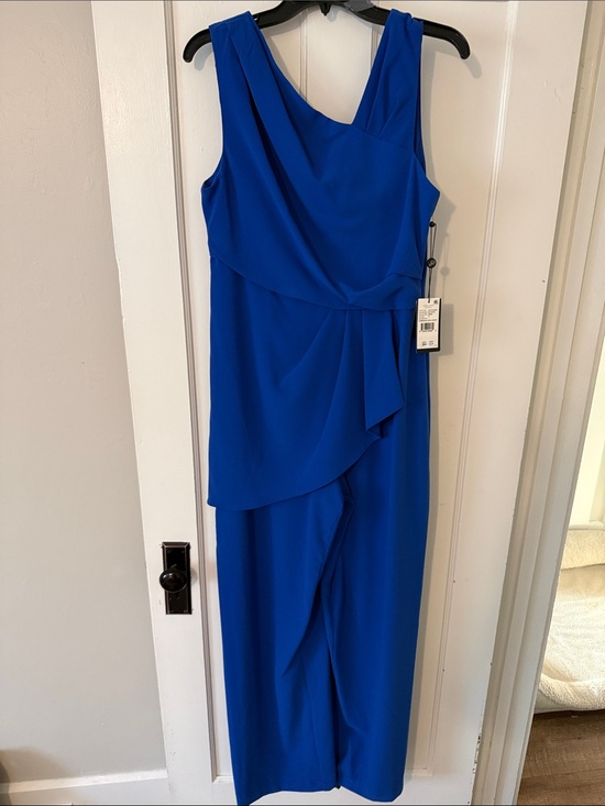 Adrianna Papell Pants - Adrianna Papell Neptune Blue Asymmetrical Crepe Jumpsuit